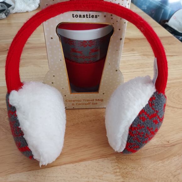 Totes Toasties Ceramic Travel Lidded Mug Earmuffs Reindeer Holiday Gift Box Set - Picture 3 of 6
